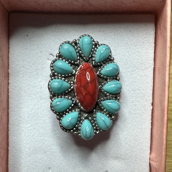 Jewelry - Turquoise and Red Boho Flower Ring